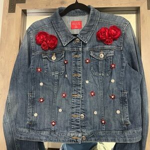 ELLE Women's Blue Denim Jacket with Red Floral Accents